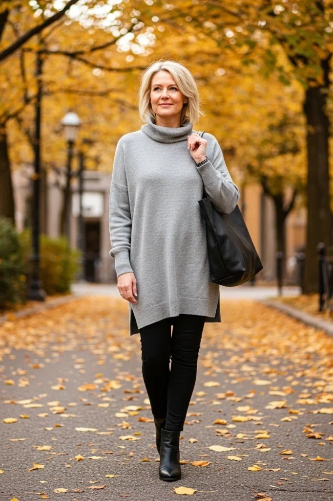 Grey turtleneck tunic + black leggings + black boots, autumn park - classy outfit for women over 40