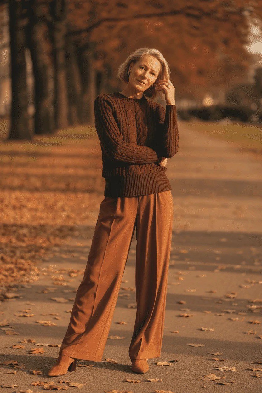 Brown turtleneck + rust wide-leg trousers, autumn tree-lined path - classy outfit for women over 40