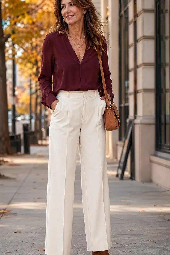 Burgundy wrap blouse + cream wide-leg trousers + brown heels, city street - classy outfit for women over 40