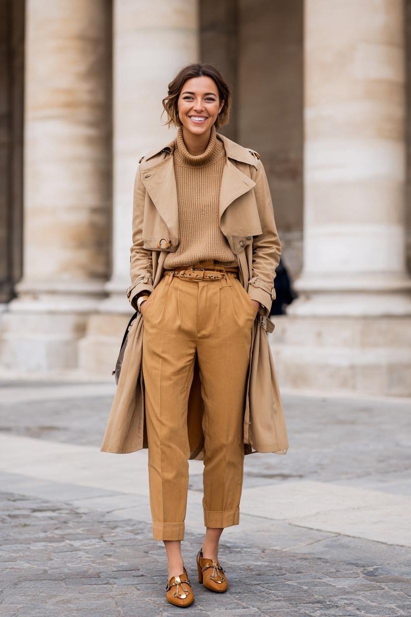Camel trench + camel turtleneck + camel cropped trousers + tan loafers, colonnade - classy outfit for women over 40
