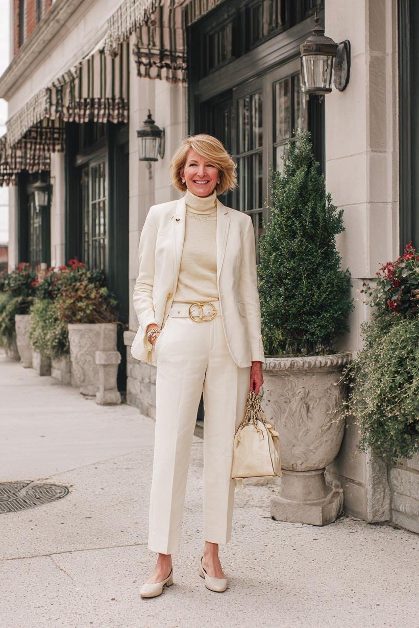White shirt + navy wide-leg trousers + tan bag, cafe street - classy outfit for women over 40