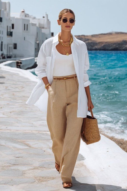 White button shirt + beige wide-leg trousers + straw bag, beachside - classy outfit for women over 40