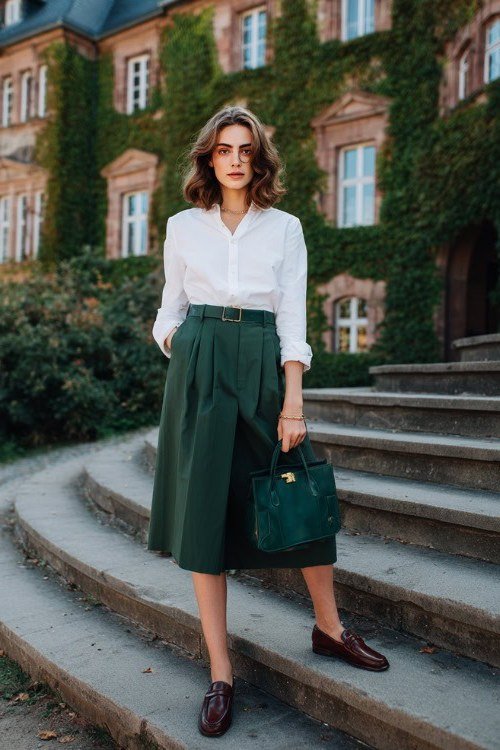White shirt + emerald green midi skirt + burgundy loafers, ivy steps - classy outfit for women over 40
