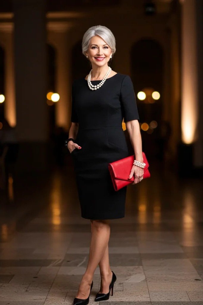 Silver-haired, black dress + red clutch, hotel lobby - classy outfit for women over 40