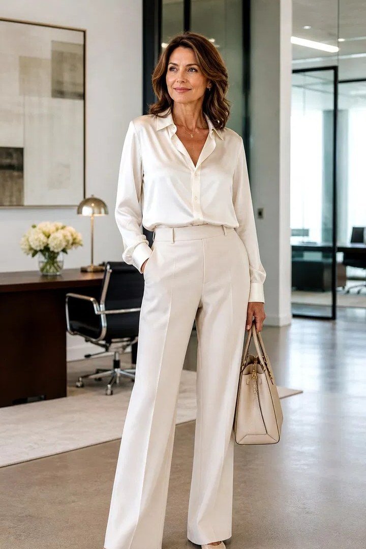 Ivory satin blouse + ivory wide-leg trousers + beige structured bag, office - classy outfit for women over 40
