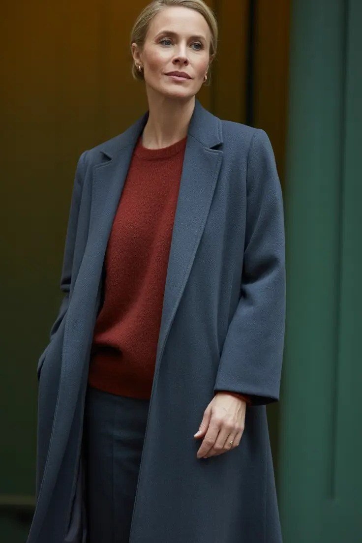 Slate-navy long coat + rust-red knit top + dark trousers - classy outfit for women over 40