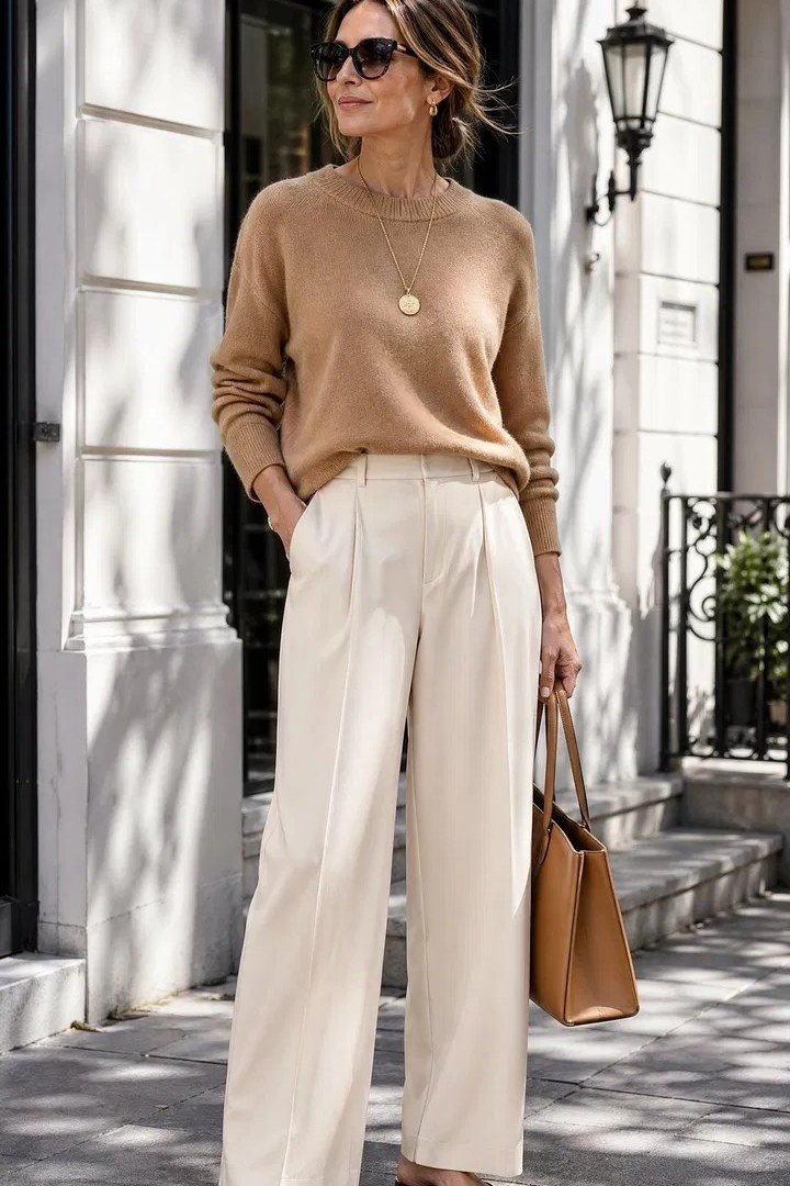 Camel sweater + cream wide-leg trousers, city street - classy outfit for women over 40