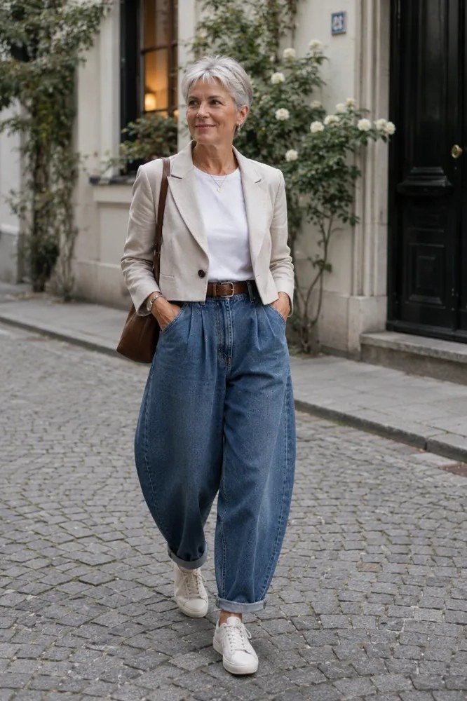 Light gray blazer + white top + baggy blue jeans + white sneakers, cobblestone street - classy outfit for women over 40