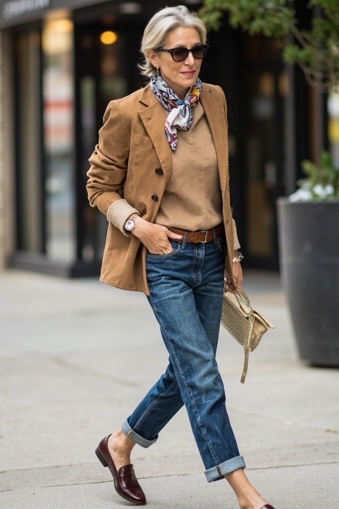 Camel blazer + patterned neck scarf + blue jeans + burgundy loafers, walking street shot - classy outfit for women over 40