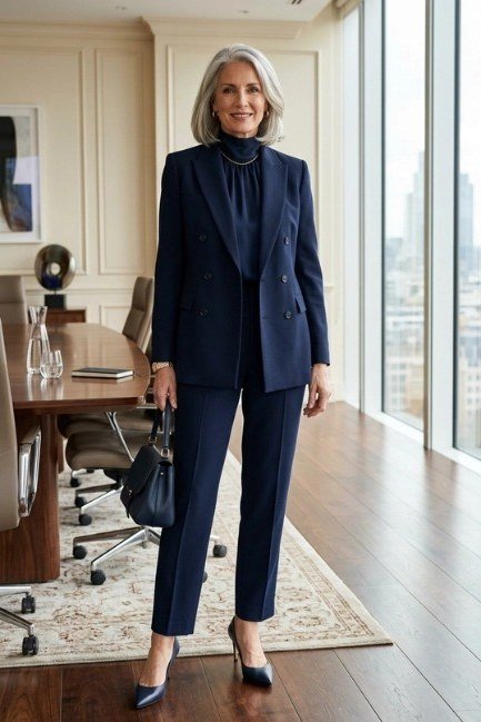 Navy suit (blazer + trousers) with dark blouse, office interior - classy outfit for women over 40