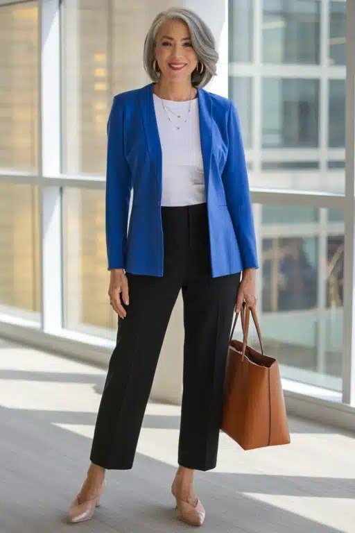 Royal blue blazer + white top + black trousers + tan tote, glass office - classy outfit for women over 40