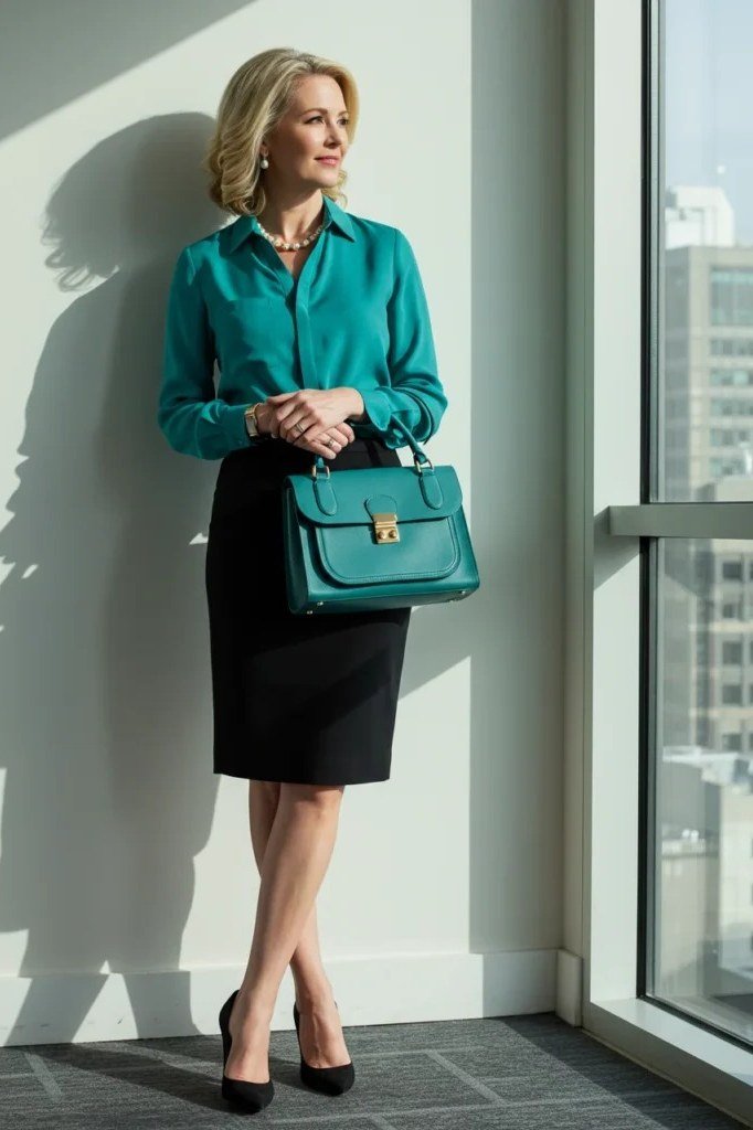 Teal blouse + black pencil skirt + matching teal handbag, office window - classy outfit for women over 40