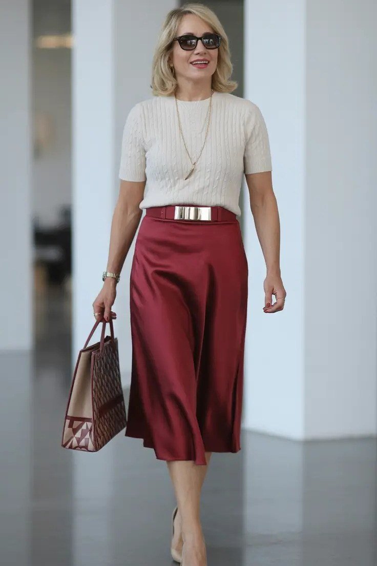 Cream knit + red satin midi skirt + tan tote, walkway - classy outfit for women over 40