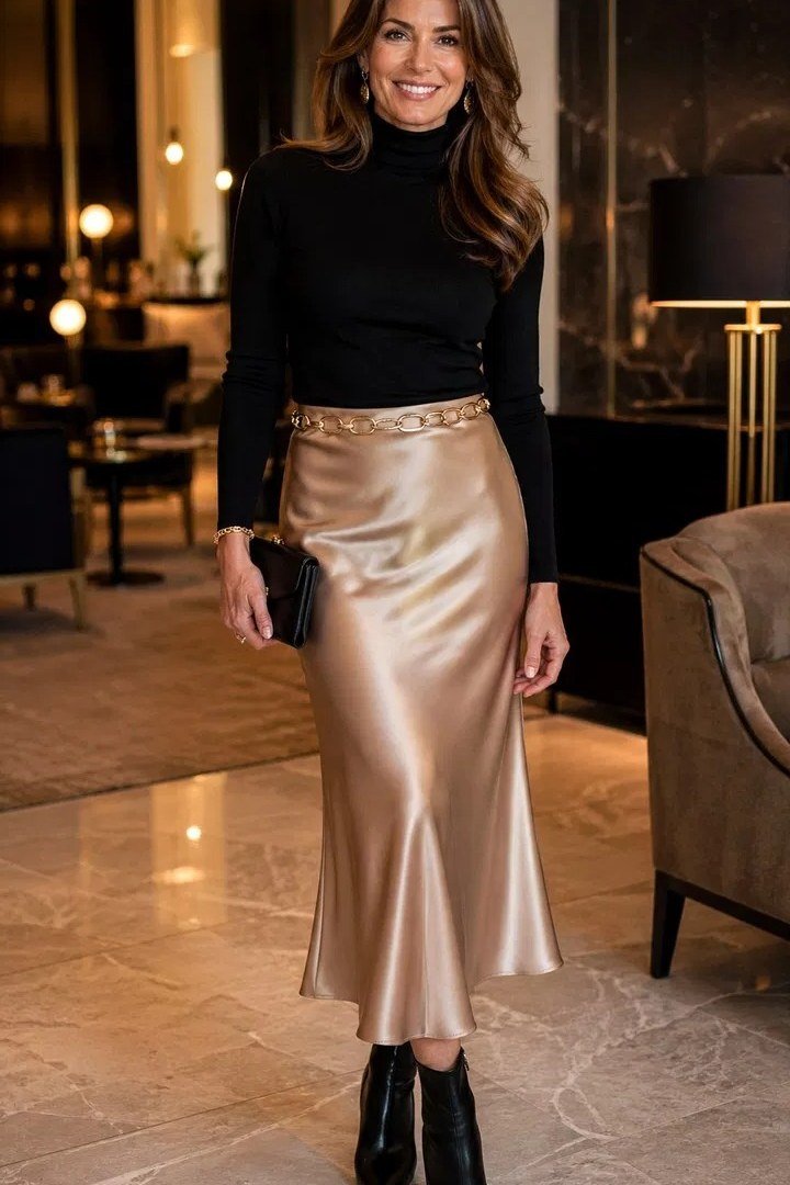 Black turtleneck + gold satin midi skirt, lobby - classy outfit for women over 40