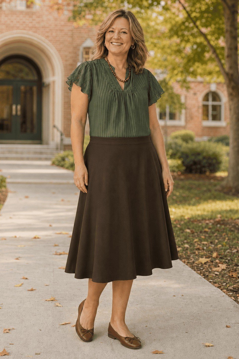Olive-green top + brown A-line midi skirt, campus walkway, autumn - classy outfit for women over 40