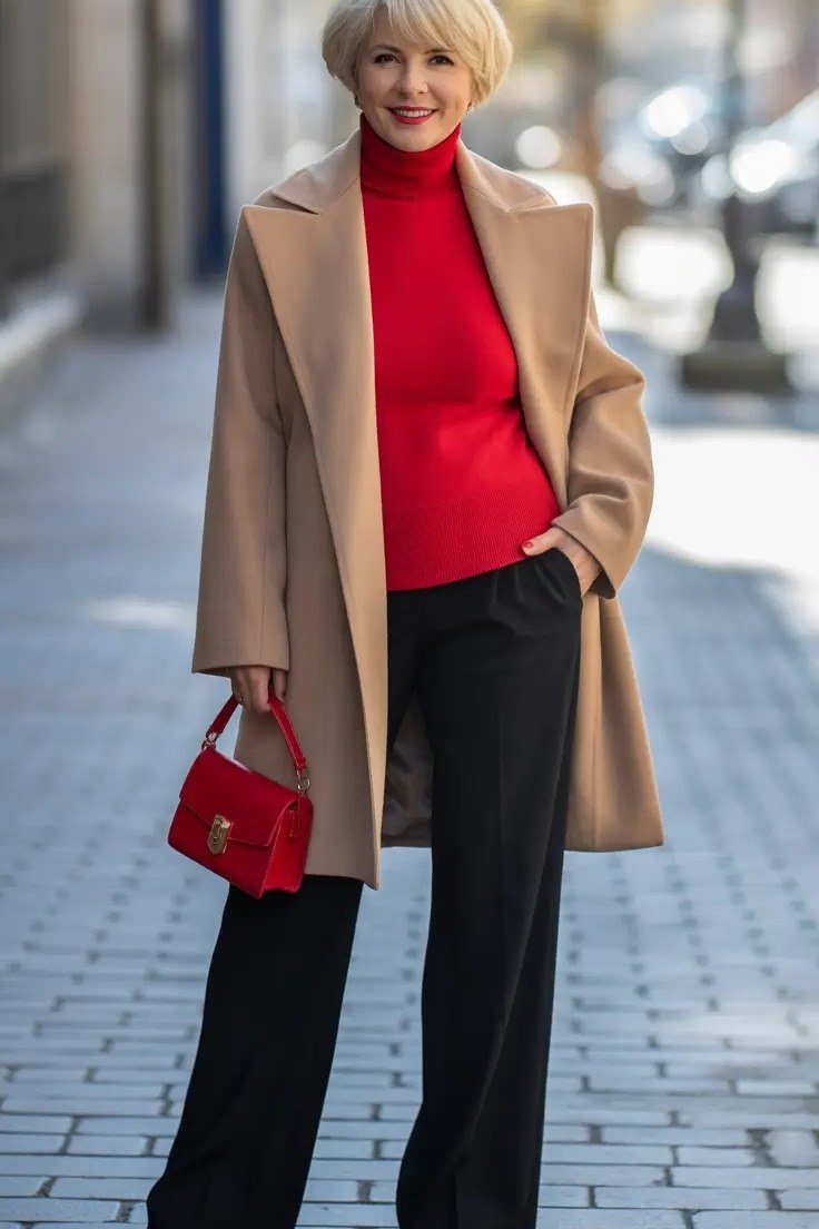 Camel coat + red top + black wide trousers + red bag, snow - classy outfit for women over 40
