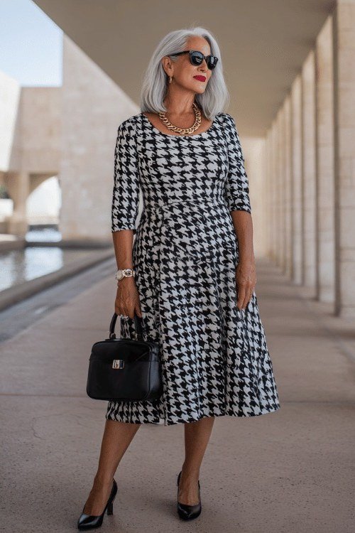 Black-and-white houndstooth midi dress, colonnade - classy outfit for women over 40