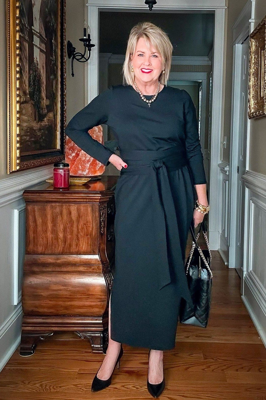 Dark green wrap midi dress, paneled interior - classy outfit for women over 40