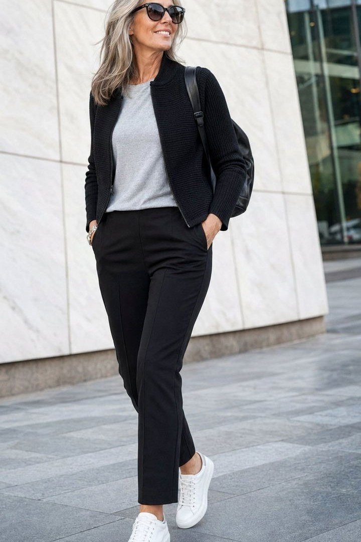Black Blazer With White Tee and Sneakers - classy outfit idea for women over 50