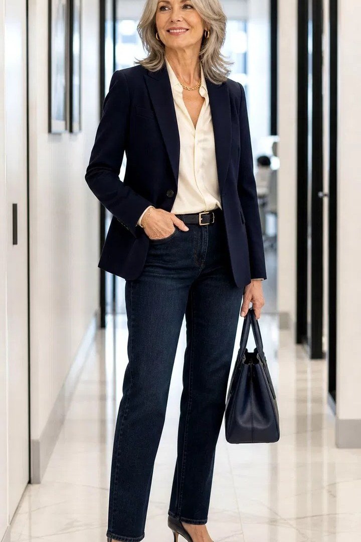 Navy Blazer With Cream Blouse and Dark Jeans - classy outfit idea for women over 50
