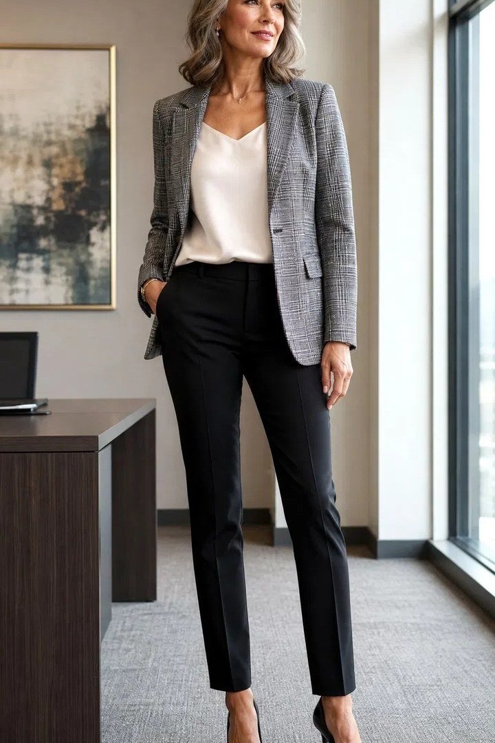 Grey Blazer With White Top and Black Trousers - classy outfit idea for women over 50