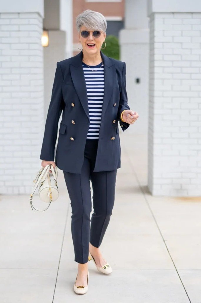 Navy Suit With Striped Top - classy outfit idea for women over 50