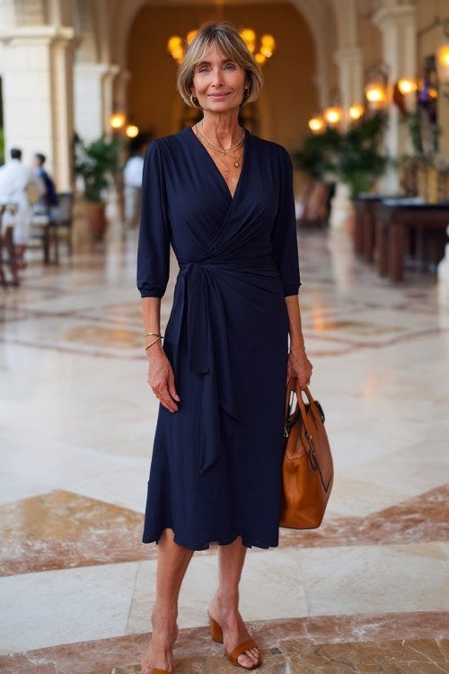 Navy Wrap Midi Dress With Tan Bag - classy outfit idea for women over 50