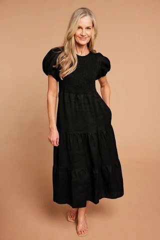 Black Tiered Midi Dress - classy outfit idea for women over 50