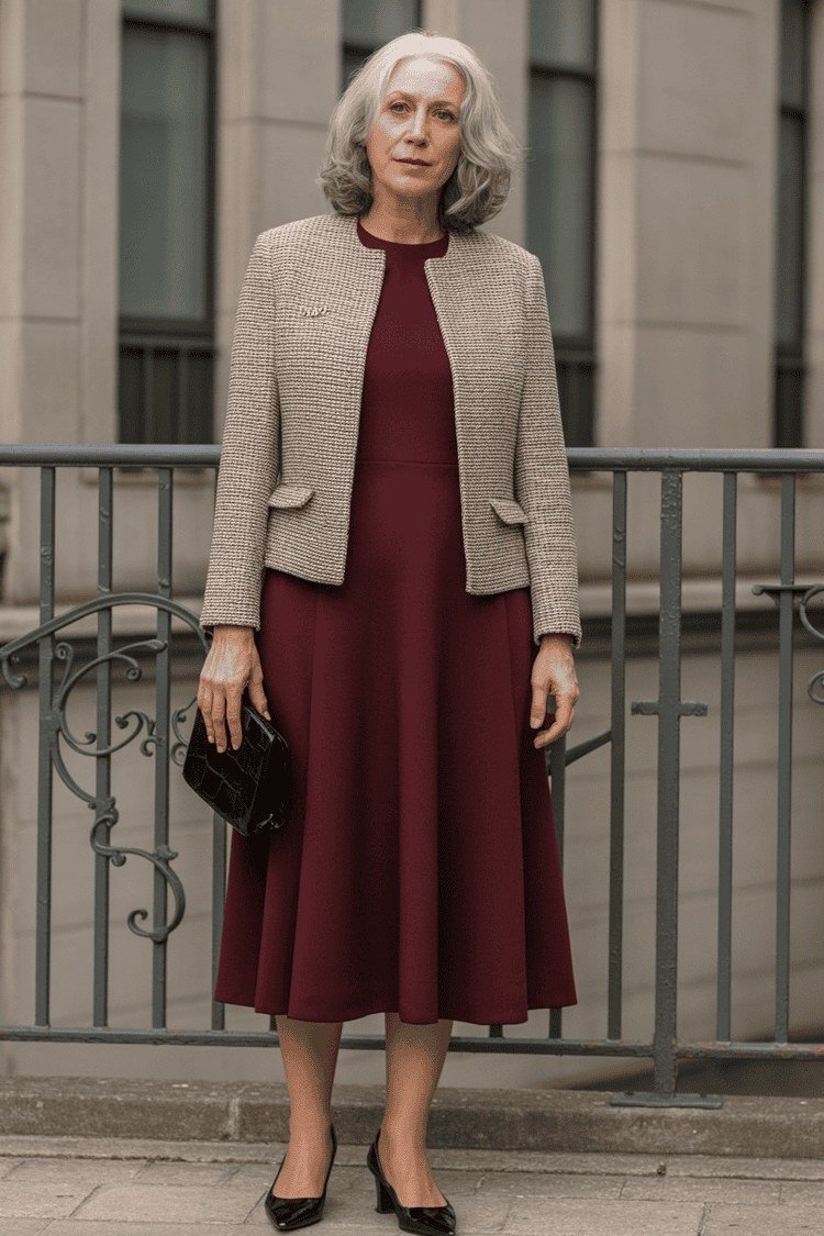Burgundy Dress With Tweed Jacket - classy outfit idea for women over 50