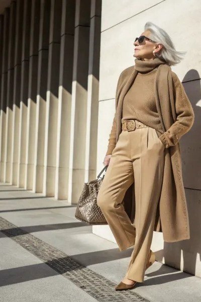 Camel Monochrome Layers - classy outfit idea for women over 50