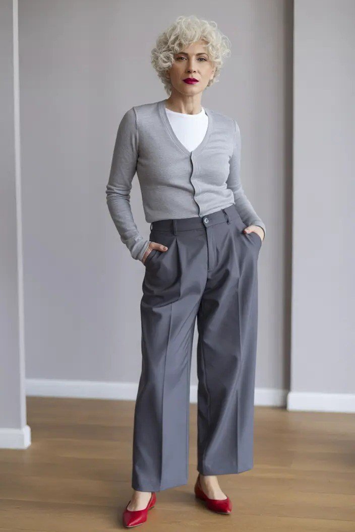 Grey Monochrome With Red Flats - classy outfit idea for women over 50