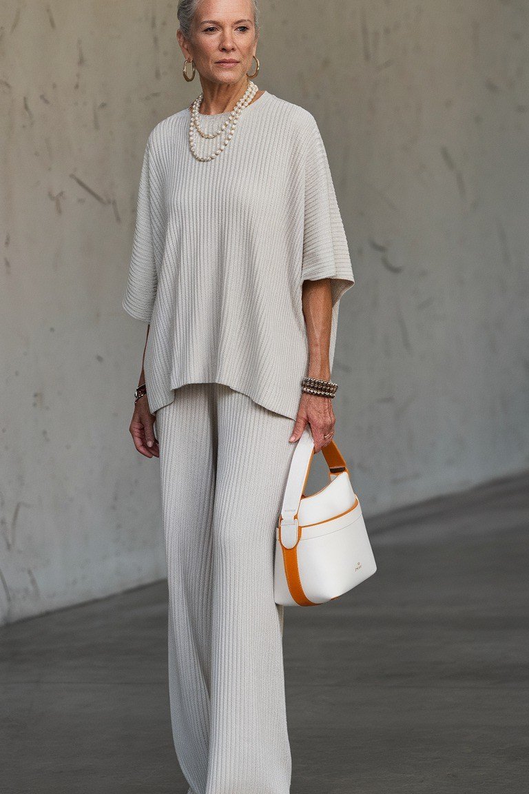 Cream Ribbed Monochrome Set - classy outfit idea for women over 50