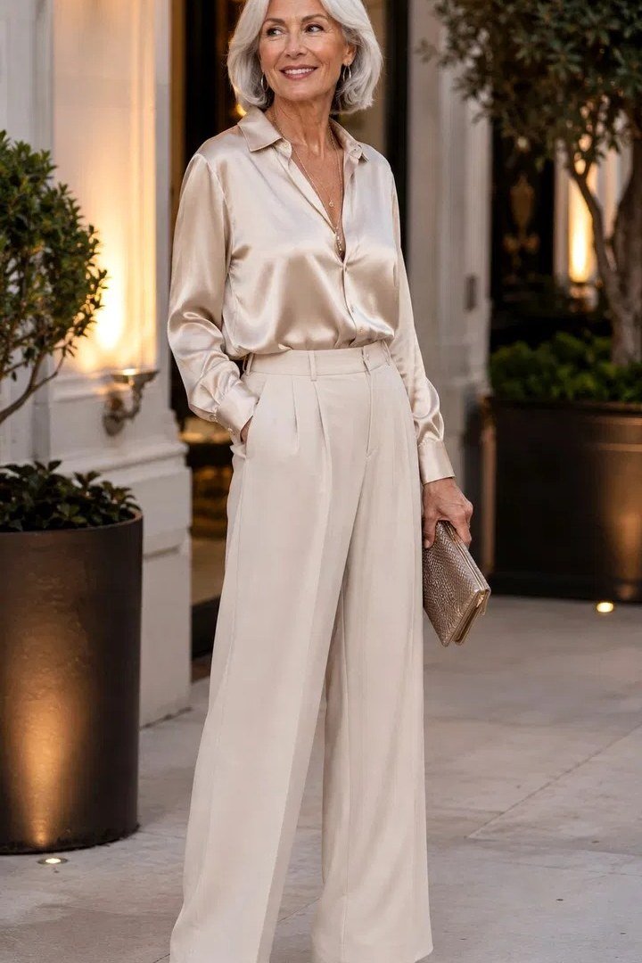 Champagne Silk Shirt With Cream Trousers - classy outfit idea for women over 50