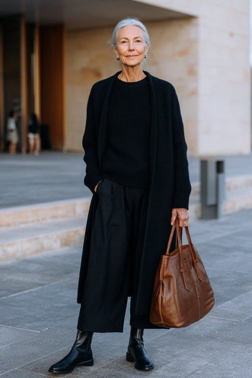 Black Cardigan With Black Trousers and Tan Tote - classy outfit idea for women over 50