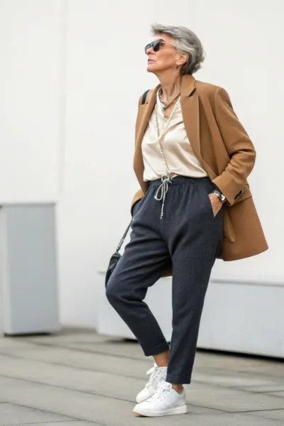 Tan Blazer With Navy Joggers and White Sneakers - classy outfit idea for women over 50