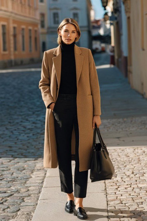 Camel Coat With Black Turtleneck and Black Trousers - classy outfit idea for women over 50
