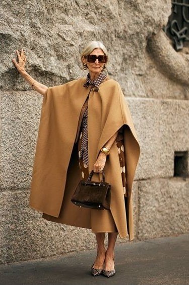 Camel Cape With Leather Bag - classy outfit idea for women over 50
