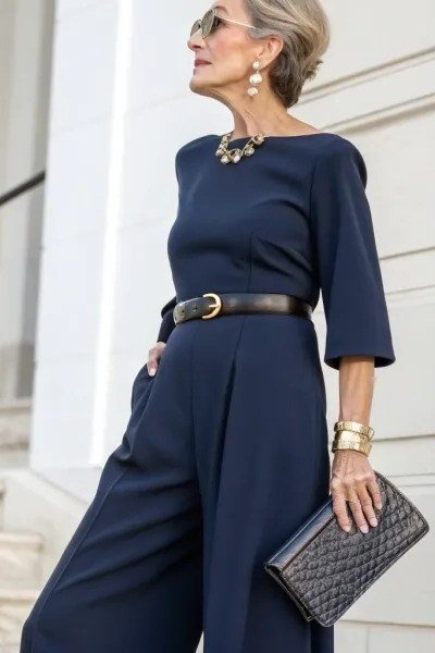 Navy Belted Jumpsuit With Quilted Clutch - classy outfit idea for women over 50