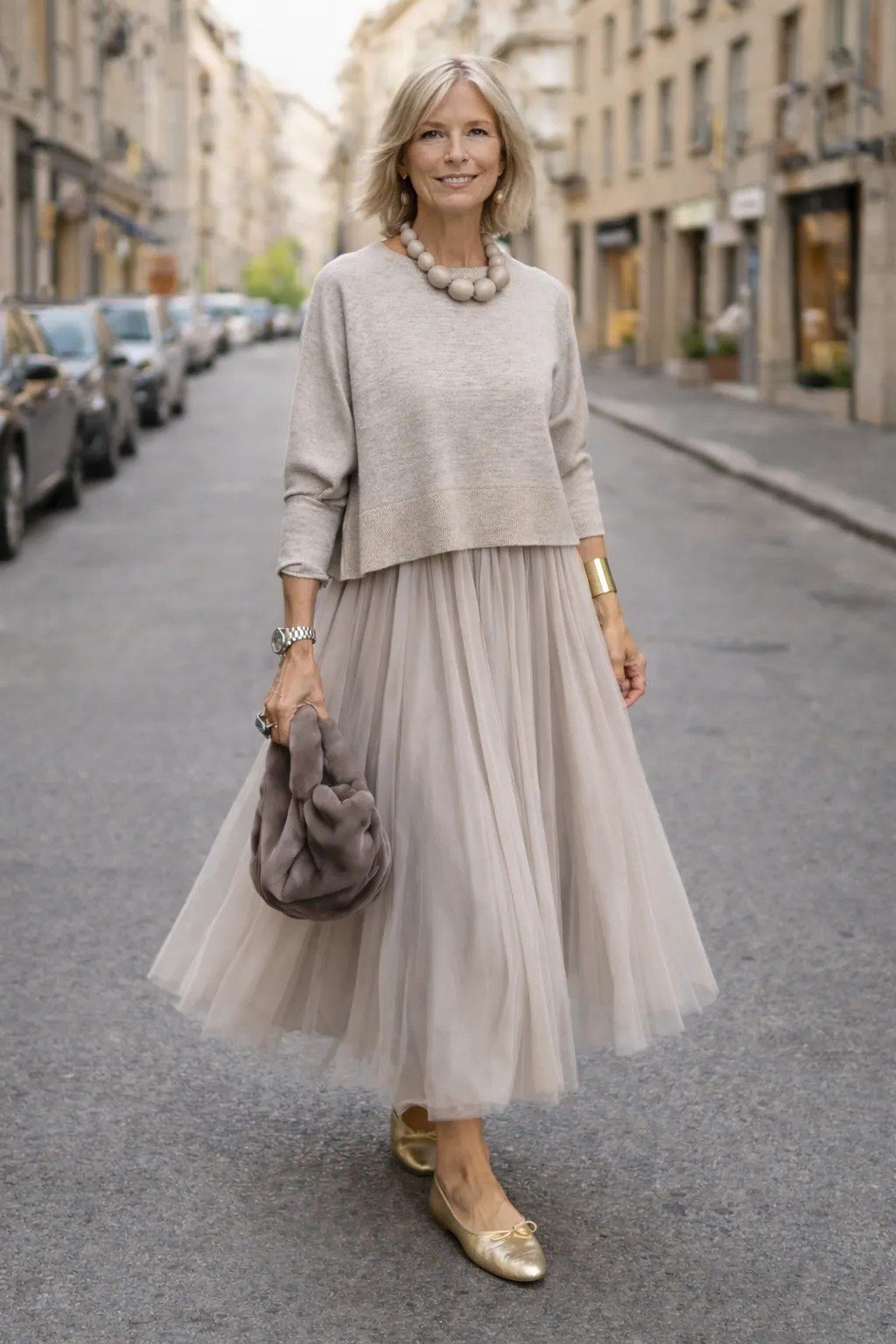 Beige Sweater With Blush Tulle Skirt - classy outfit idea for women over 50
