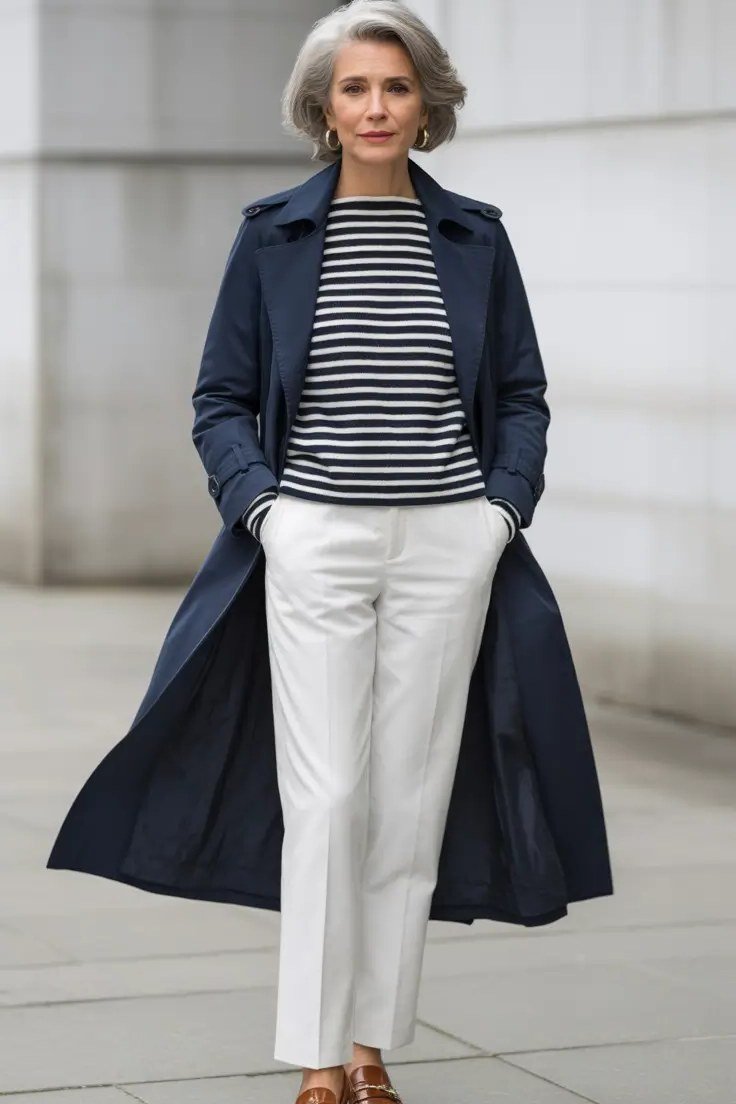 Woman over 60 wearing navy coat, striped top, white wide trousers, city street, classy fall outfit idea