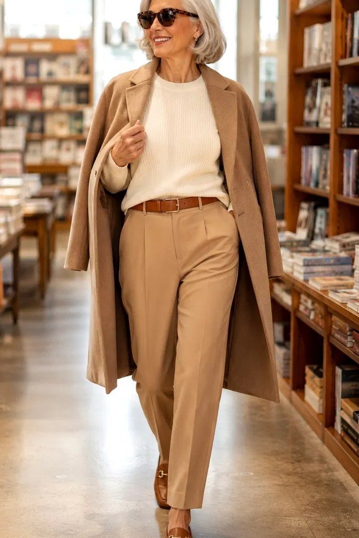Woman over 60 wearing camel coat, cream knit, camel trousers, brown boots, library setting, classy fall outfit idea