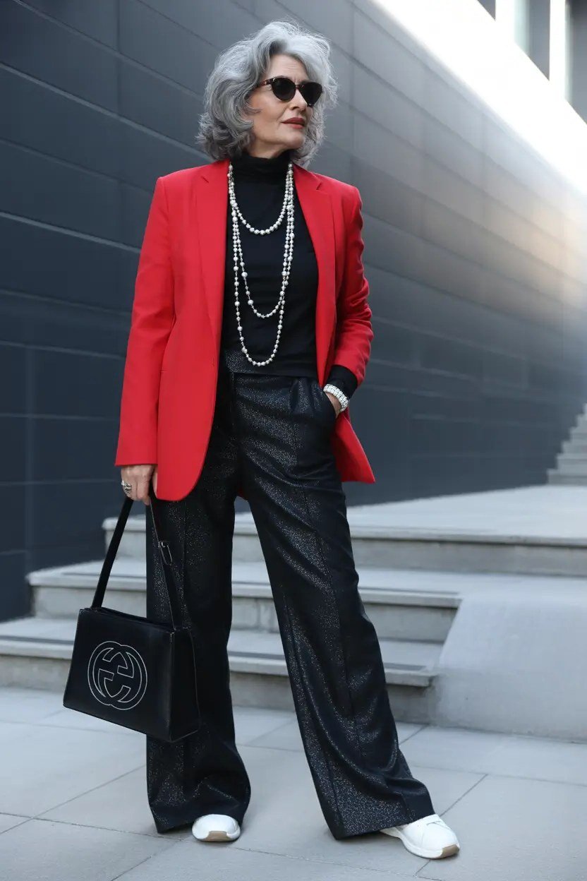 Woman over 60 wearing red blazer, black turtleneck, black wide trousers, black bag, classy fall outfit idea
