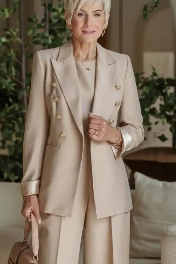 Woman over 60 wearing beige blazer suit over black top, tan bag, classy fall outfit idea
