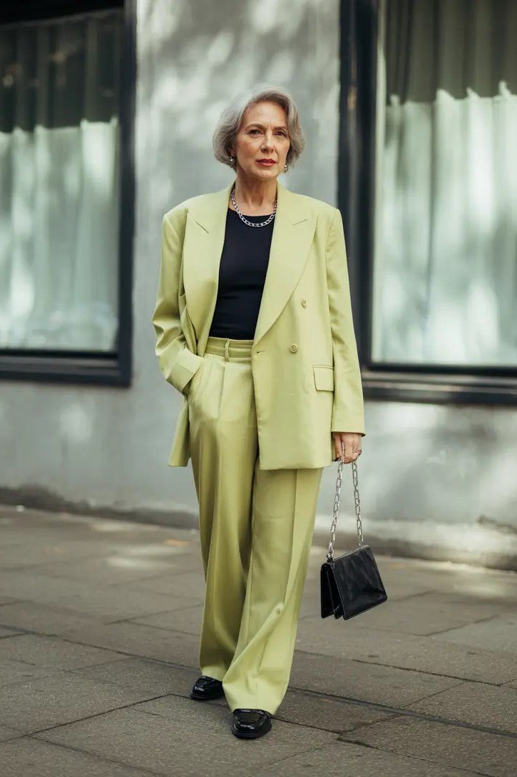 Woman over 60 wearing lime green blazer suit over black top, small black bag, classy fall outfit idea