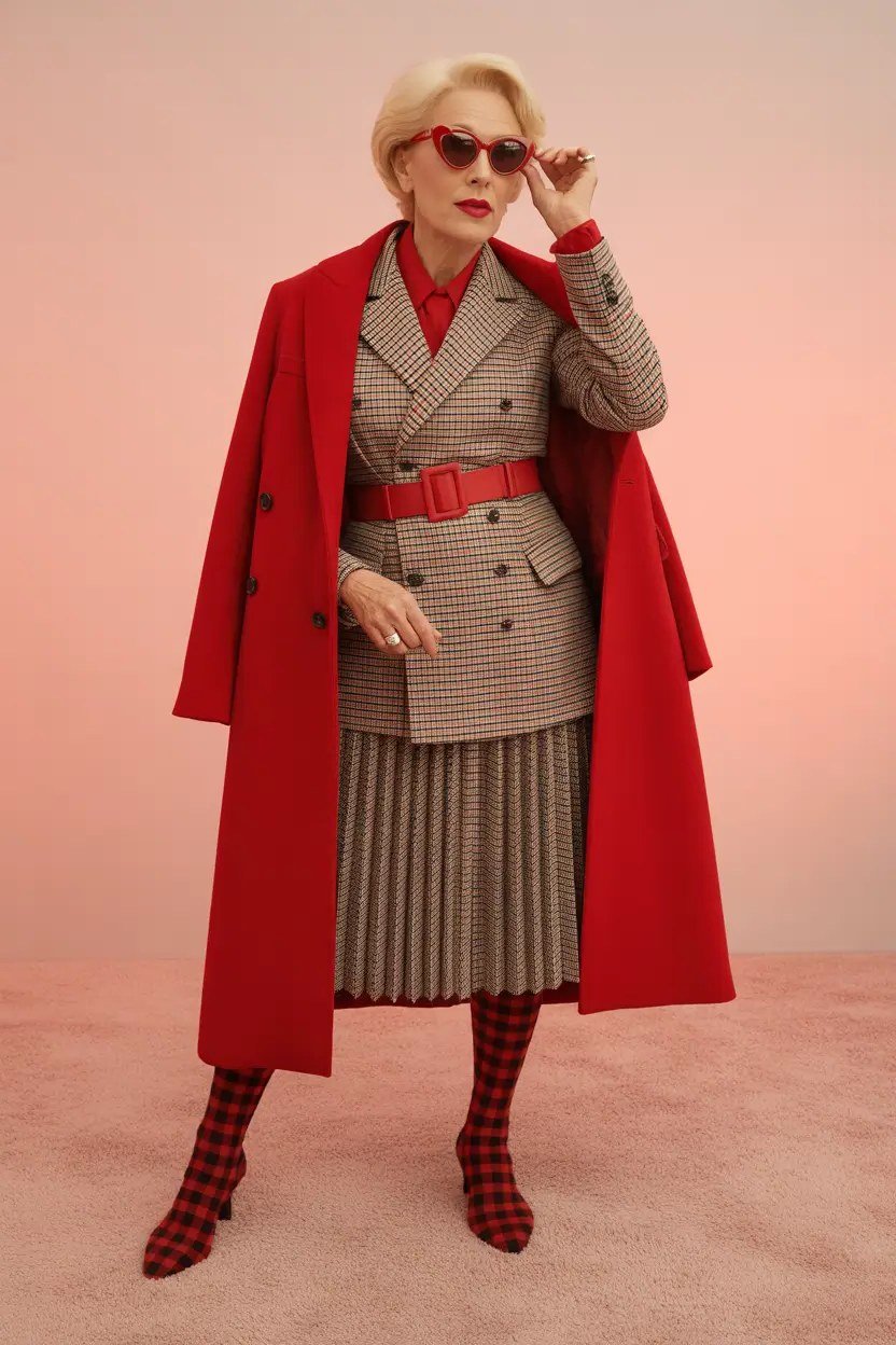Woman over 60 wearing red coat over tweed suit, red belt, pink backdrop, classy fall outfit idea