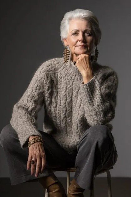 Woman over 60 wearing chunky cable-knit sweater, dark trousers, seated portrait, classy fall outfit idea