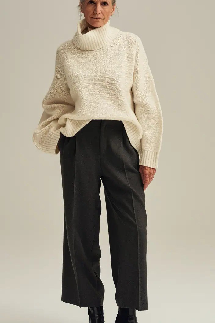 Woman over 60 wearing cream turtleneck sweater, wide black trousers, black boots, classy fall outfit idea