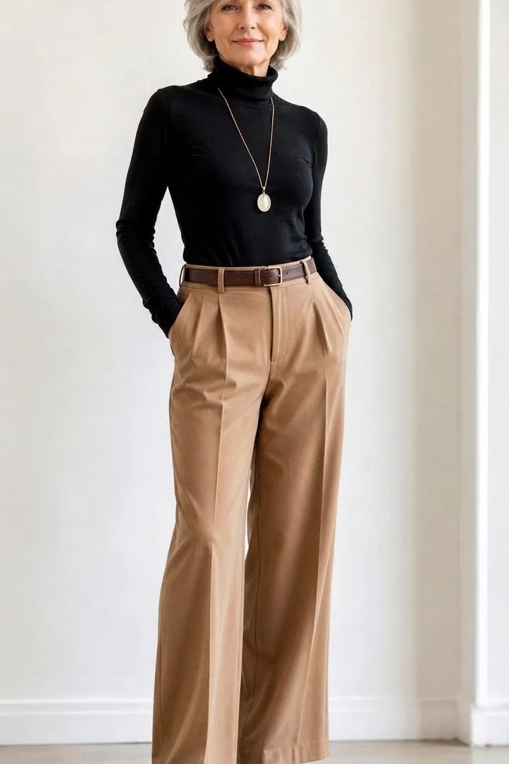 Woman over 60 wearing black turtleneck, camel wide trousers, classy fall outfit idea