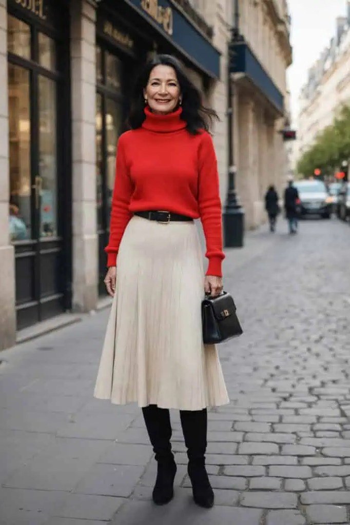 Woman over 60 wearing red turtleneck, cream pleated skirt, black boots, Paris street, classy fall outfit idea