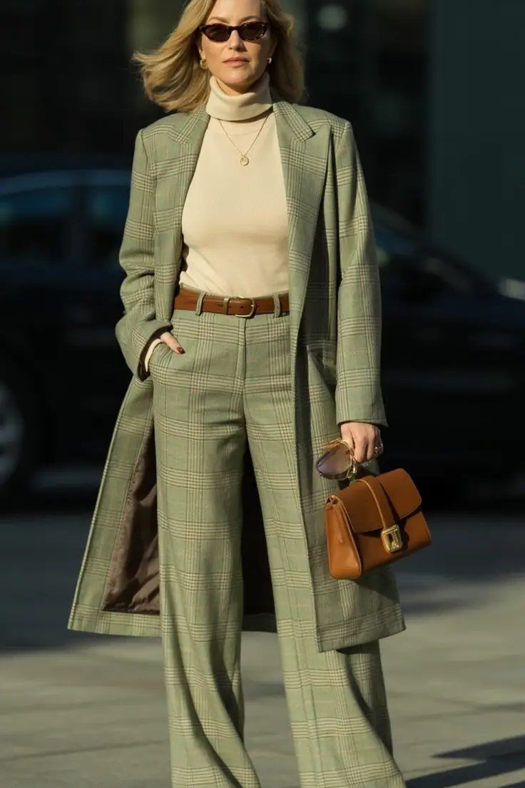 Woman over 60 wearing sage green turtleneck, wide trousers, long sage coat, classy fall outfit idea